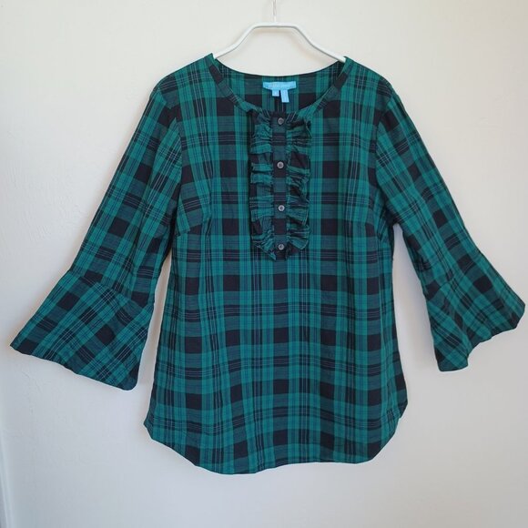 Draper James Plaid Blouse Green Tartan Ruffle Detail Womens size Small - Picture 2 of 11